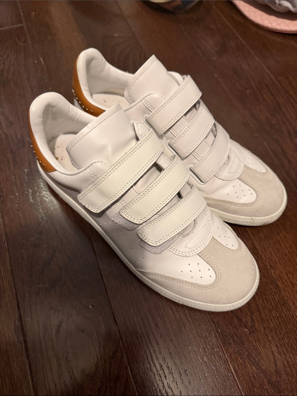 Isabel Marant White and Tan Velcro Strap Sneakers